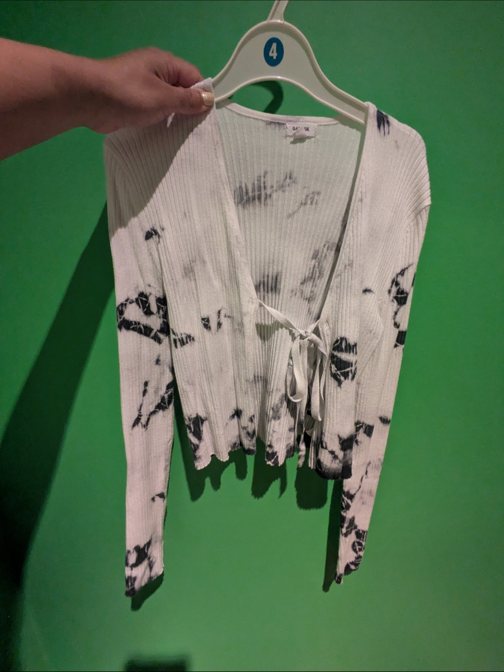 Tie-Front Ribbed Cardigan Long Sleeve in White and Black Tie-Dye